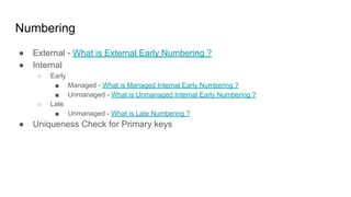 Numbering
● External - What is External Early Numbering ?
● Internal
○ Early
■ Managed - What is Managed Internal Early Numbering ?
■ Unmanaged - What is Unmanaged Internal Early Numbering ?
○ Late
■ Unmanaged - What is Late Numbering ?
● Uniqueness Check for Primary keys
 