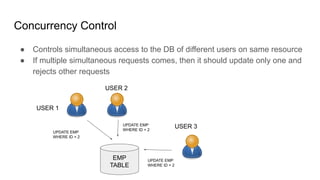 Concurrency Control
● Controls simultaneous access to the DB of different users on same resource
● If multiple simultaneous requests comes, then it should update only one and
rejects other requests
EMP
TABLE
USER 1
USER 2
USER 3
UPDATE EMP
WHERE ID = 2
UPDATE EMP
WHERE ID = 2
UPDATE EMP
WHERE ID = 2
 