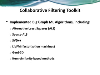 Collaborative Filtering Toolkit
• Implemented Big Graph ML Algorithms, including:
o Alternative Least Squares (ALS)
o Sparse-ALS
o SVD++
o LibFM (factorization machines)
o GenSGD
o Item-similarity based methods
 