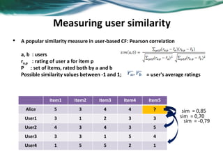 Measuring user similarity
• A popular similarity measure in user-based CF: Pearson correlation
a, b : users
ra,p : rating of user a for item p
P : set of items, rated both by a and b
Possible similarity values between -1 and 1; = user's average ratings
Item1 Item2 Item3 Item4 Item5
Alice 5 3 4 4 ?
User1 3 1 2 3 3
User2 4 3 4 3 5
User3 3 3 1 5 4
User4 1 5 5 2 1
sim = 0,85
sim = 0,70
sim = -0,79
𝒓 𝒂, 𝒓 𝒃
 