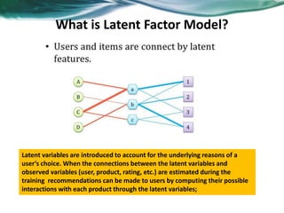What is Latent Factor Model?
Latent variables are introduced to account for the underlying reasons of a
user’s choice. When the connections between the latent variables and
observed variables (user, product, rating, etc.) are estimated during the
training recommendations can be made to users by computing their possible
interactions with each product through the latent variables;
 