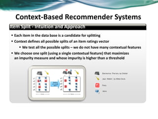  Each item in the data base is a candidate for splitting
 Context defines all possible splits of an item ratings vector
 We test all the possible splits – we do not have many contextual features
 We choose one split (using a single contextual feature) that maximizes
an impurity measure and whose impurity is higher than a threshold
abcd
Item Split - Intuition and Approach
Context-Based Recommender Systems
39
 