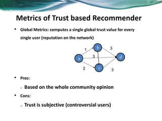 • Global Metrics: computes a single global trust value for every
single user (reputation on the network)
• Pros:
o Based on the whole community opinion
• Cons:
o Trust is subjective (controversial users)
a
b
d
c
1 3
32
3
Metrics of Trust based Recommender
 