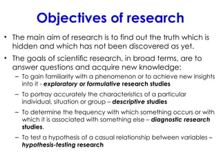Objectives of research
• The main aim of research is to find out the truth which is
hidden and which has not been discovered as yet.
• The goals of scientiﬁc research, in broad terms, are to
answer questions and acquire new knowledge:
– To gain familiarity with a phenomenon or to achieve new insights
into it - exploratory or formulative research studies
– To portray accurately the characteristics of a particular
individual, situation or group – descriptive studies
– To determine the frequency with which something occurs or with
which it is associated with something else – diagnostic research
studies.
– To test a hypothesis of a casual relationship between variables –
hypothesis-testing research
 