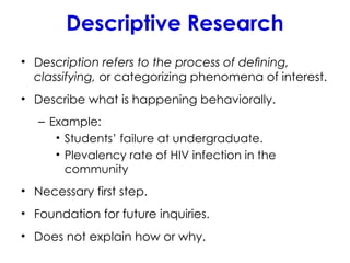 Descriptive Research
• Description refers to the process of deﬁning,
classifying, or categorizing phenomena of interest.
• Describe what is happening behaviorally.
– Example:
• Students’ failure at undergraduate.
• Plevalency rate of HIV infection in the
community
• Necessary first step.
• Foundation for future inquiries.
• Does not explain how or why.
 
