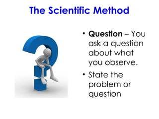 The Scientific Method
• Question – You
ask a question
about what
you observe.
• State the
problem or
question
 