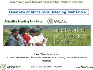 Agronomy & processing and value addition task force workshop


   Overview of Africa Rice Breeding Task Force




                             Ibnou Dieng, biometrician
on behalf of Moussa Sie, Senior Breeder & Africa Rice Breeding Task Force Coordinator
                                      AfricaRice

                          Cotonou, Benin, 22-25 November 2011
 