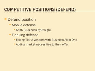 Defend position Mobile defense SaaS (Business byDesign) Flanking defense Facing Tier 2 vendors with Business All-in-One Adding market necessities to their offer 
