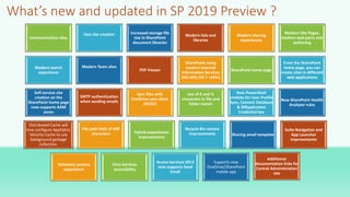 What’s new and updated in SP 2019 Preview ?
Communication sites
Fast site creation Increased storage file
size in SharePoi...