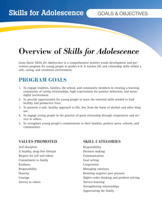 Skills for Adolescence Goals & objectives 
Overview of Skills for Adolescence 
Lions Quest Skills for Adolescence is a comprehensive positive youth development and pre-vention 
program for young people in grades 6-8. It teaches life and citizenship skills within a 
safe, caring, and consistent environment. 
PROGRAM GOALS 
1. To engage students, families, the school, and community members in creating a learning 
community of caring relationships, high expectations for positive behaviors, and mean-ingful 
involvement. 
2. To provide opportunities for young people to learn the essential skills needed to lead 
healthy and productive lives. 
3. To promote a safe, healthy approach to life, free from the harm of alcohol and other drug 
use. 
4. To engage young people in the practice of good citizenship through cooperation and ser-vice 
to others. 
5. To strengthen young people’s commitments to their families, positive peers, schools, and 
communities. 
VALUES PROMOTED 
Self-discipline 
A healthy, drug-free lifestyle 
Respect for self and others 
Commitment to family 
Kindness 
Responsibility 
Honesty 
Courage 
Service to others 
SKILL CATEGORIES 
Responsibility 
Decision making 
Communication 
Goal setting 
Cooperation 
Managing emotions 
Resisting negative peer pressure 
Higher-order thinking and problem solving 
Service-learning 
Strengthening relationships 
Appreciating the family 
 
