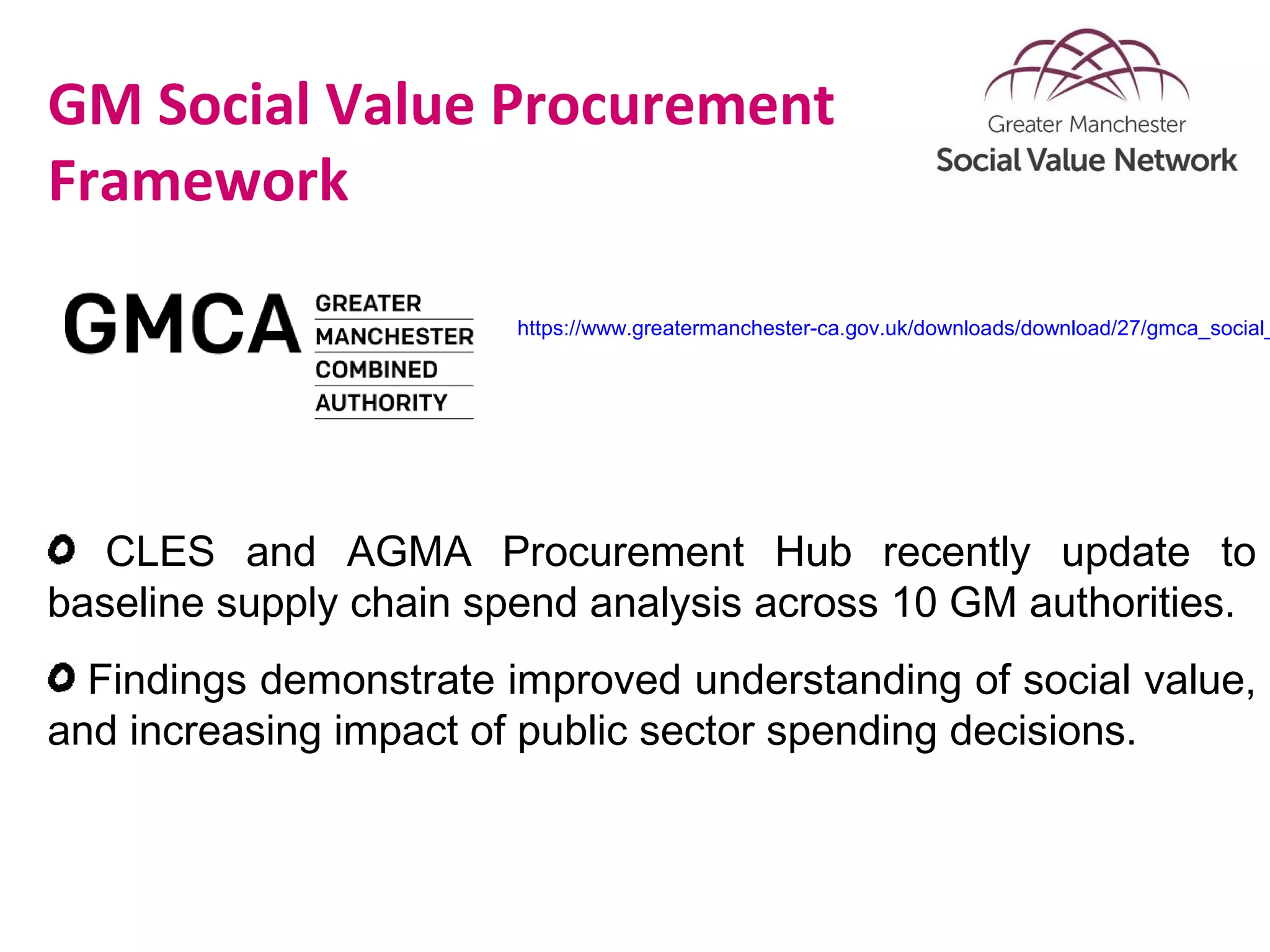GM Social Value Procurement
Framework
https://www.greatermanchester-ca.gov.uk/downloads/download/27/gmca_social_
CLES and AGMA Procurement Hub recently update to
baseline supply chain spend analysis across 10 GM authorities.
Findings demonstrate improved understanding of social value,
and increasing impact of public sector spending decisions.
 
