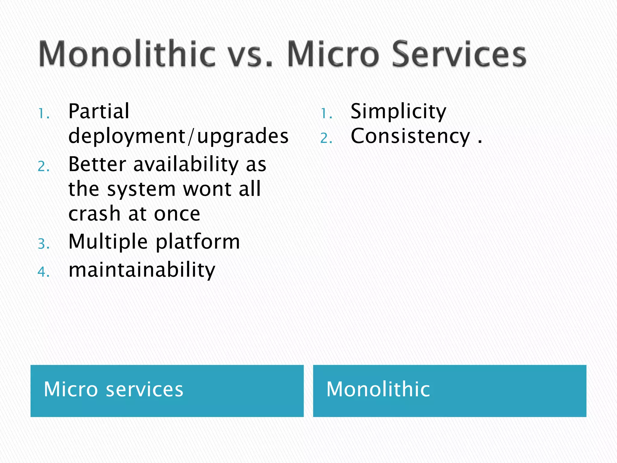 Micro services Monolithic
1. Partial
deployment/upgrades
2. Better availability as
the system wont all
crash at once
3. Multiple platform
4. maintainability
1. Simplicity
2. Consistency .
 