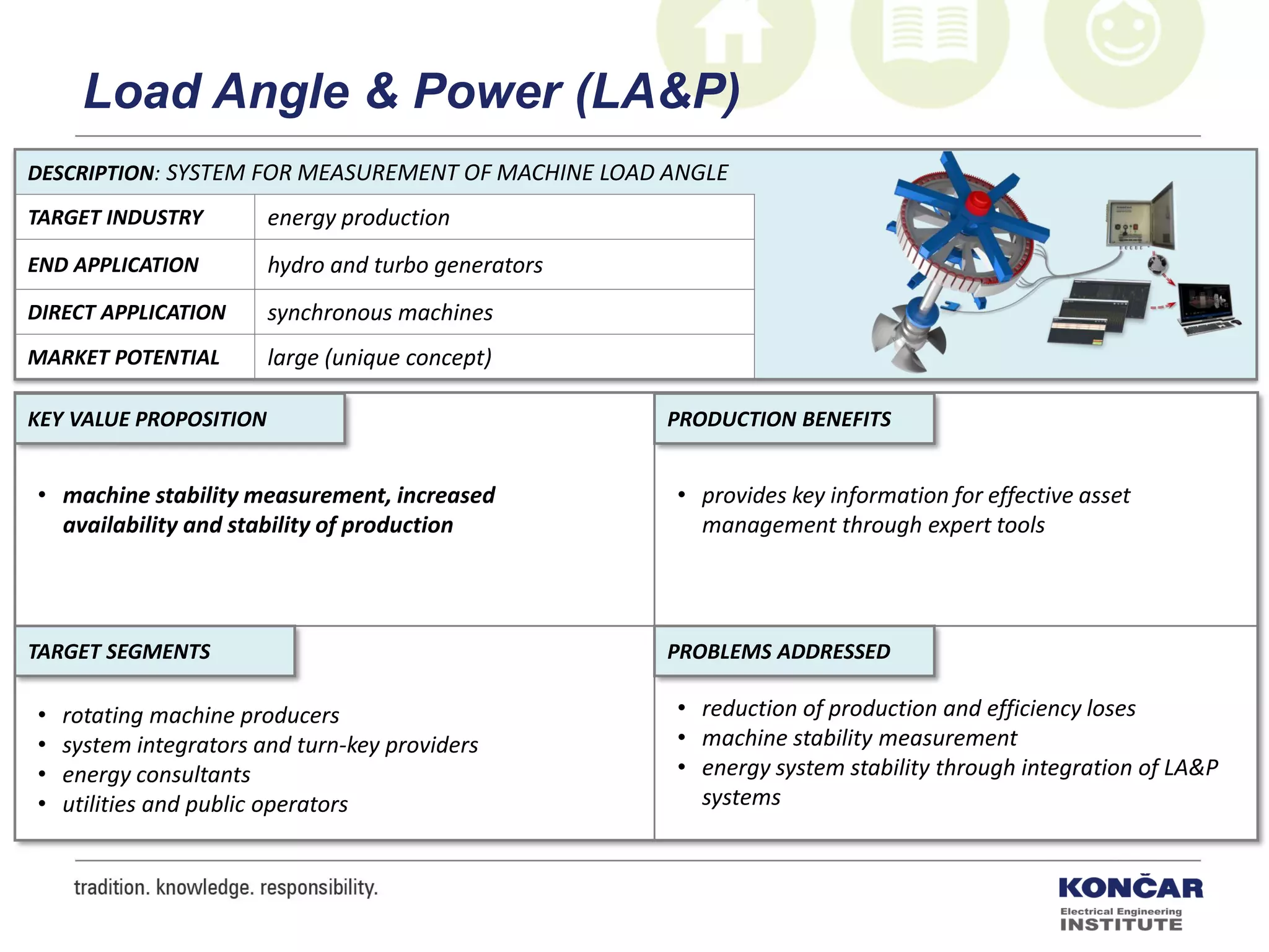 DESCRIPTION: SYSTEM FOR MEASUREMENT OF MACHINE LOAD ANGLE
TARGET INDUSTRY energy production
END APPLICATION hydro and turbo generators
DIRECT APPLICATION synchronous machines
MARKET POTENTIAL large (unique concept)
PRODUCTION BENEFITS
PROBLEMS ADDRESSEDTARGET SEGMENTS
KEY VALUE PROPOSITION
• machine stability measurement, increased
availability and stability of production
• provides key information for effective asset
management through expert tools
• reduction of production and efficiency loses
• machine stability measurement
• energy system stability through integration of LA&P
systems
• rotating machine producers
• system integrators and turn-key providers
• energy consultants
• utilities and public operators
Load Angle & Power (LA&P)
 