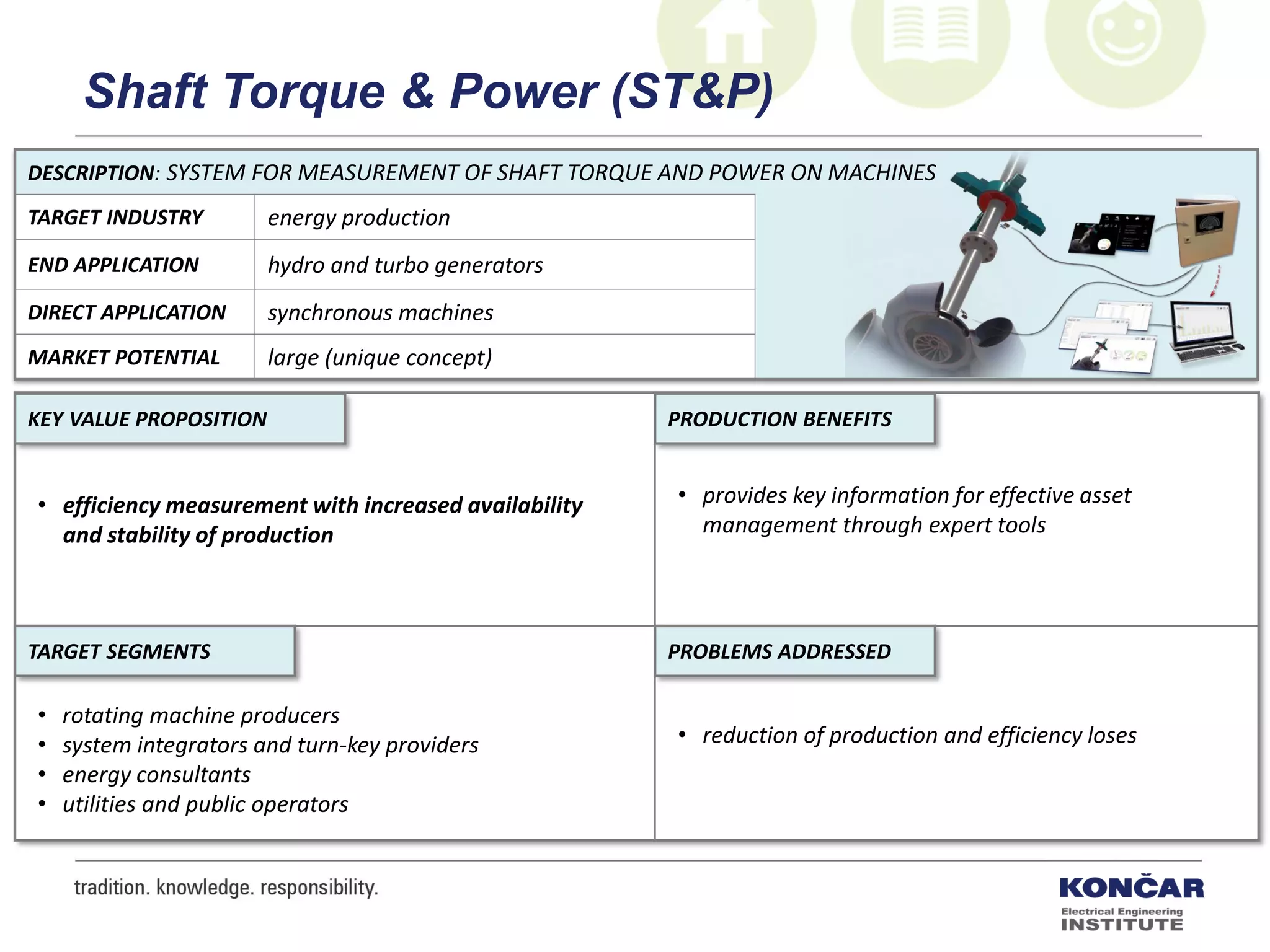 DESCRIPTION: SYSTEM FOR MEASUREMENT OF SHAFT TORQUE AND POWER ON MACHINES
TARGET INDUSTRY energy production
END APPLICATION hydro and turbo generators
DIRECT APPLICATION synchronous machines
MARKET POTENTIAL large (unique concept)
PRODUCTION BENEFITS
PROBLEMS ADDRESSEDTARGET SEGMENTS
KEY VALUE PROPOSITION
• efficiency measurement with increased availability
and stability of production
• provides key information for effective asset
management through expert tools
• reduction of production and efficiency loses
• rotating machine producers
• system integrators and turn-key providers
• energy consultants
• utilities and public operators
Shaft Torque & Power (ST&P)
 