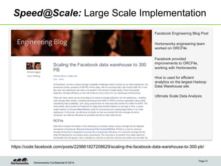 Hortonworks Confidential © 2014
Speed@Scale: Large Scale Implementation
Page 21
https://code.facebook.com/posts/229861827208629/scaling-the-facebook-data-warehouse-to-300-pb/
Facebook Engineering Blog Post
Hortonworks engineering team
worked on ORCFile
Facebook provided
improvements to ORCFile,
working with Hortonworks
Hive is used for efficient
analytics on the largest Hadoop
Data Warehouse site
Ultimate Scale Data Analysis
 