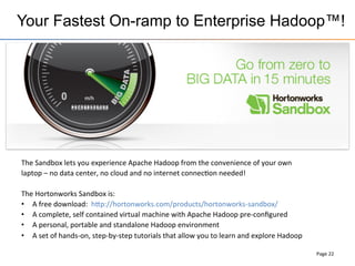 Your Fastest On-ramp to Enterprise Hadoop™!
Page	
  22	
  
hep://hortonworks.com/products/hortonworks-­‐sandbox/	
  
The	
  Sandbox	
  lets	
  you	
  experience	
  Apache	
  Hadoop	
  from	
  the	
  convenience	
  of	
  your	
  own	
  
laptop	
  –	
  no	
  data	
  center,	
  no	
  cloud	
  and	
  no	
  internet	
  connec+on	
  needed!	
  
	
  
The	
  Hortonworks	
  Sandbox	
  is:	
  
•  A	
  free	
  download:	
  	
  hep://hortonworks.com/products/hortonworks-­‐sandbox/	
  
•  A	
  complete,	
  self	
  contained	
  virtual	
  machine	
  with	
  Apache	
  Hadoop	
  pre-­‐conﬁgured	
  
•  A	
  personal,	
  portable	
  and	
  standalone	
  Hadoop	
  environment	
  
•  A	
  set	
  of	
  hands-­‐on,	
  step-­‐by-­‐step	
  tutorials	
  that	
  allow	
  you	
  to	
  learn	
  and	
  explore	
  Hadoop	
  
 