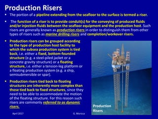 April 2017 G. Moricca 31
Production Risers
 The portion of a pipeline extending from the seafloor to the surface is terme...