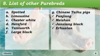8. List of other Purebreds
a. Spotted
b. Limousine
c. Chester white
d. Hereford
e. Taniworth
f. Large black
g. Chinese Taihu pigs
 Funjiang
 Meishan
 Janxiang black
 Erhualan
MLBibat2020 25
 