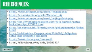 • https://www.petmapz.com/breed/fengjing-pig/
• https://en.wikipedia.org/wiki/Meishan_pig
• https://www.petmapz.com/breed/beijing-black-pig/
• http://lipa-city.philippineslisted.com/pets-animals/native-
berkshire-pigs_725027.html
• http://afs.okstate.edu/breeds/swine/philippinenative/index.
html/
• http://levithinktion.blogspot.com/2016/06/philippine-
native-pigs-profitable-and.html
• https://www.rbst.org.uk/tamworth
• https://slideplayer.com/slide/3858353/
REFERENCES:
51
MLBibat2020
 