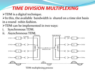 TIME DIVISION MULTIPLEXING
TDM is a digital technique.
In this, the available bandwidth is shared on a time slot basis
in a round robin fashion.
TDM can be implemented in two ways:
i. Synchronous TDM.
ii. Asynchronous TDM.
TDM multiplexing process
 