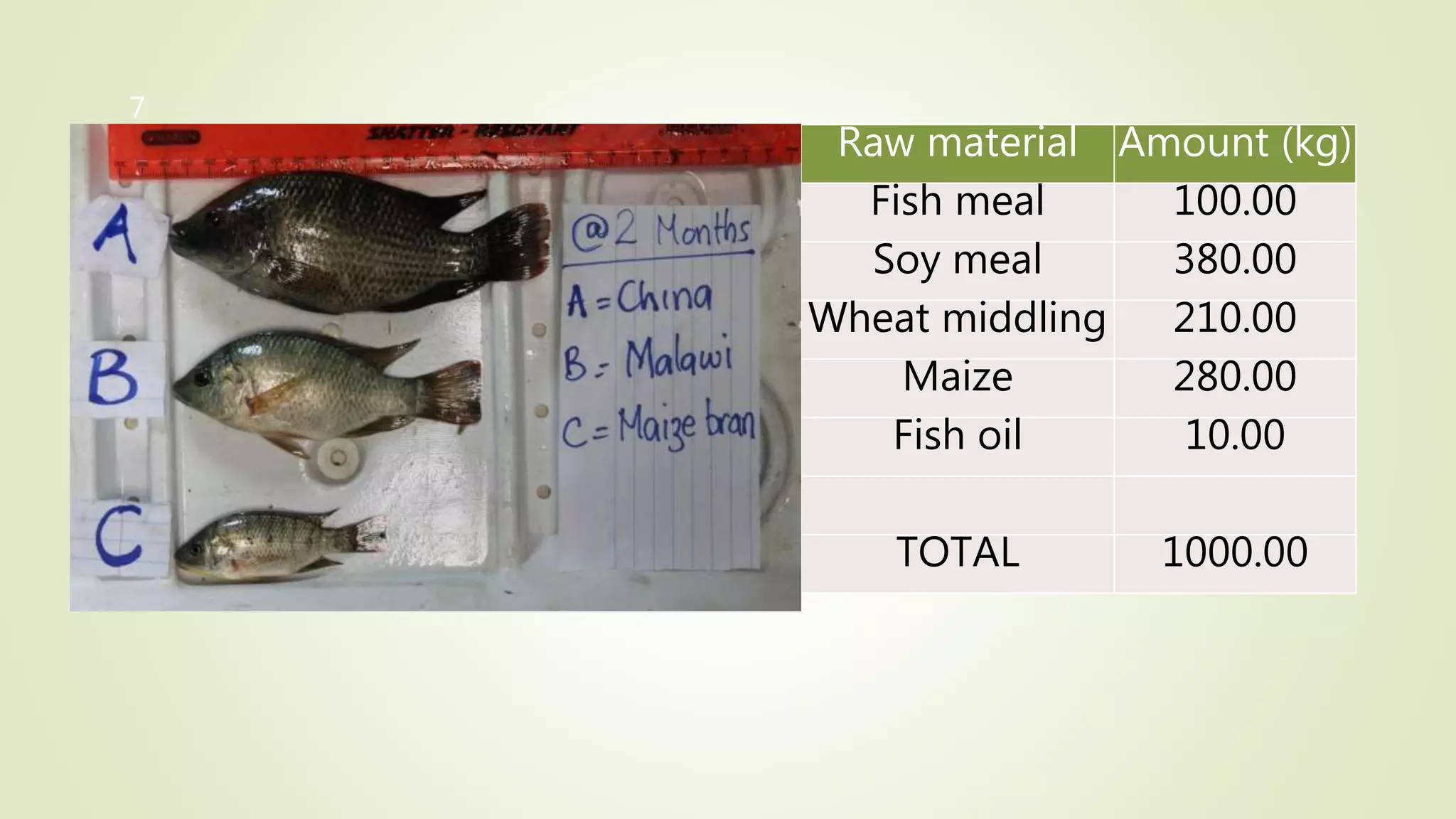 7
Raw material Amount (kg)
Fish meal 100.00
Soy meal 380.00
Wheat middling 210.00
Maize 280.00
Fish oil 10.00
TOTAL 1000.00
 