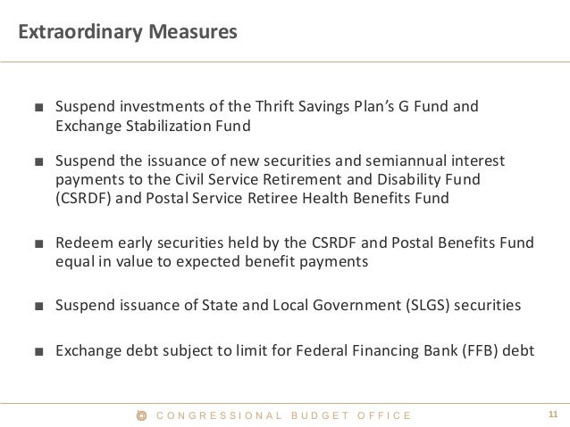 11C O N G R E S S I O N A L B U D G E T O F F I C E
Extraordinary Measures
■ Suspend investments of the Thrift Savings Pla...