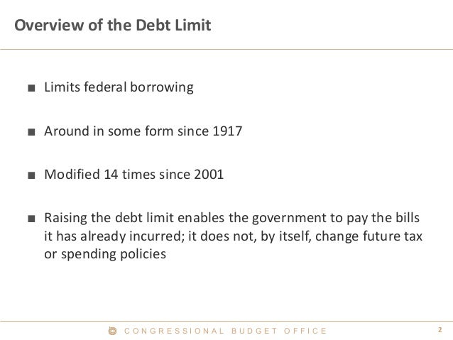 2C O N G R E S S I O N A L B U D G E T O F F I C E
Overview of the Debt Limit
■ Limits federal borrowing
■ Around in some ...