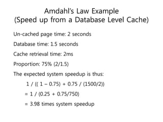 Amdahl’s Law Example
(Speed up from a Database Level Cache)
Un-cached page time: 2 seconds
Database time: 1.5 seconds
Cache retrieval time: 2ms
Proportion: 75% (2/1.5)
The expected system speedup is thus:
     1 / (( 1 – 0.75) + 0.75 / (1500/2))
    = 1 / (0.25 + 0.75/750)
    = 3.98 times system speedup
 