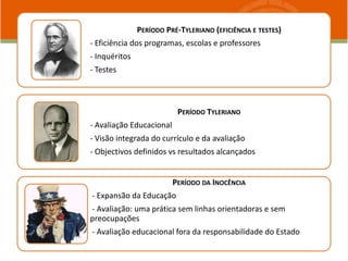 PERÍODO PRÉ-TYLERIANO (EFICIÊNCIA E TESTES)
- Eficiência dos programas, escolas e professores
- Inquéritos
- Testes
PERÍODO TYLERIANO
- Avaliação Educacional
- Visão integrada do currículo e da avaliação
- Objectivos definidos vs resultados alcançados
PERÍODO DA INOCÊNCIA
- Expansão da Educação
- Avaliação: uma prática sem linhas orientadoras e sem
preocupações
- Avaliação educacional fora da responsabilidade do Estado
 