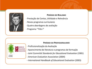 PERÍODO DO REALISMO
- Prestação de Contas, Utilidade e Relevância
- Novos programas curriculares
- Quatro abordagens de avaliação
- Programa “Title I”
PERÍODO DO PROFISSIONALISMO
- Profissionalização da Avaliação
- Aparecimento de literatura e programas de formação
- Joint Committé Standards for Educational Evaluation (1981)
- American Evaluation Association (2004)
- International Handbook of Educational Evaluation (2003)
 