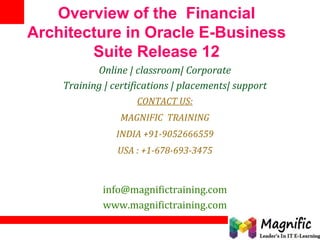 Overview of the Financial
Architecture in Oracle E-Business
Suite Release 12
Online | classroom| Corporate
Training | certifications | placements| support
CONTACT US:
MAGNIFIC TRAINING
INDIA +91-9052666559
USA : +1-678-693-3475
info@magnifictraining.com
www.magnifictraining.com
 