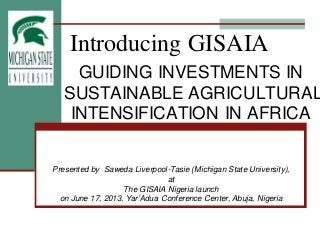 Introducing GISAIA
GUIDING INVESTMENTS IN
SUSTAINABLE AGRICULTURAL
INTENSIFICATION IN AFRICA
Presented by Saweda Liverpool-Tasie (Michigan State University),
at
The GISAIA Nigeria launch
on June 17, 2013, Yar’Adua Conference Center, Abuja, Nigeria
 