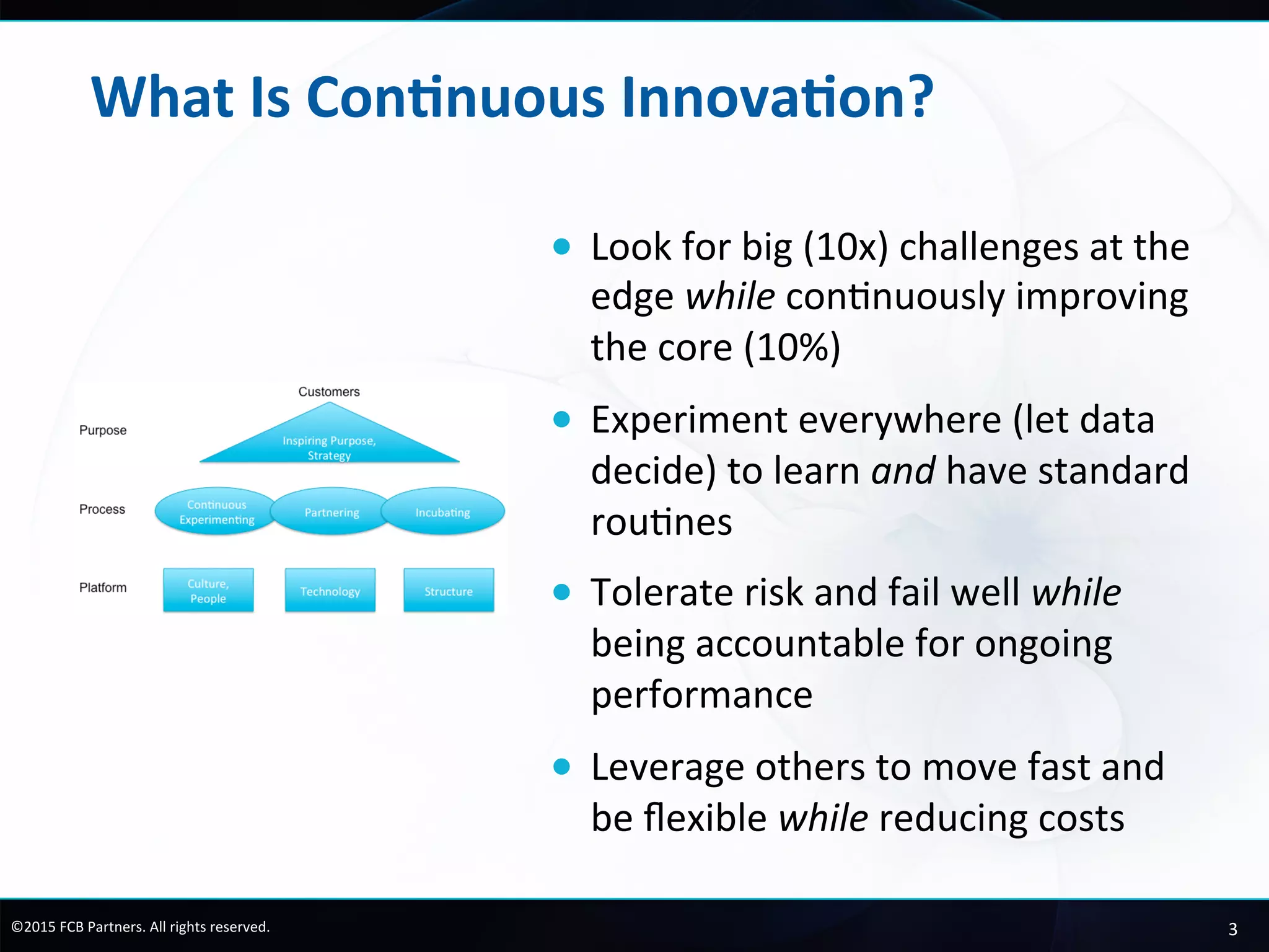 3	
  ©2015	
  FCB	
  Partners.	
  All	
  rights	
  reserved.	
  
Is	
  There	
  a	
  Way	
  Out?	
  
We’re born
“Nail it”
We grow
“Scale it”
We manage
“MBA it”
Con4nuous
Innova4on!	
  
Fragile	
  
 