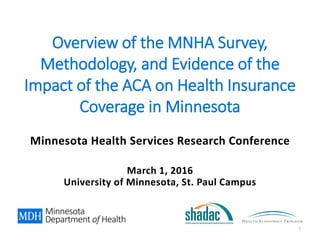 Minnesota Health Services Research Conference
March 1, 2016
University of Minnesota, St. Paul Campus
Overview of the MNHA Survey,
Methodology, and Evidence of the
Impact of the ACA on Health Insurance
Coverage in Minnesota
1
 