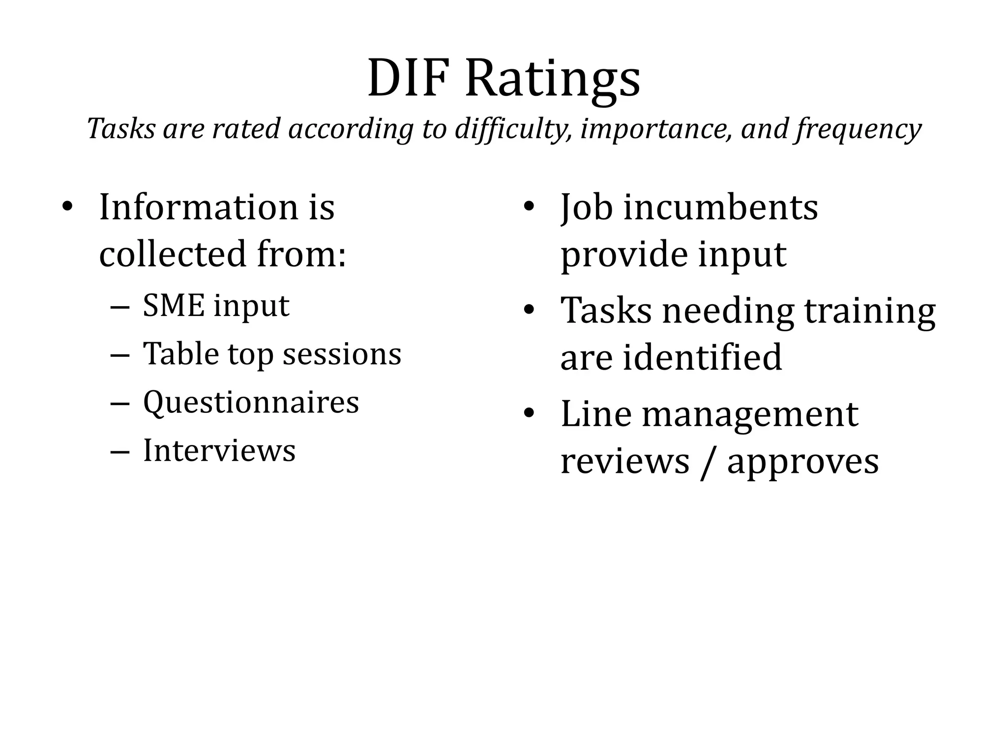 DIF Ratings
 Tasks are rated according to difficulty, importance, and frequency

• Information is                   • Job incumbents
  collected from:                    provide input
   –   SME input                   • Tasks needing training
   –   Table top sessions            are identified
   –   Questionnaires              • Line management
   –   Interviews                    reviews / approves
 