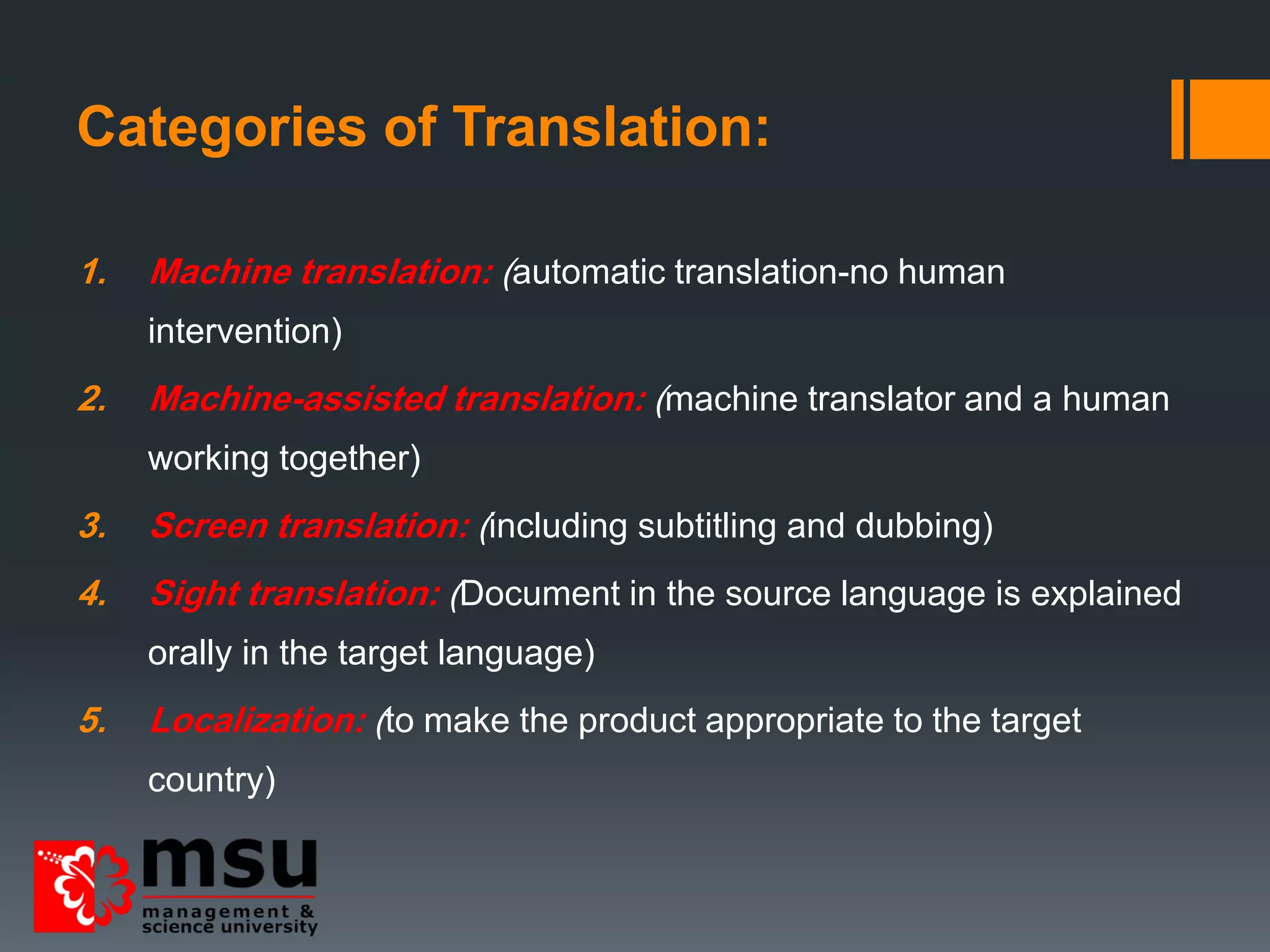 Categories of Translation:
1. Machine translation: (automatic translation-no human
intervention)
2. Machine-assisted translation: (machine translator and a human
working together)
3. Screen translation: (including subtitling and dubbing)
4. Sight translation: (Document in the source language is explained
orally in the target language)
5. Localization: (to make the product appropriate to the target
country)
 