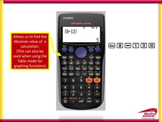 Allows us to find the
Absolute value of a
calculation.
(This can also be
used when using the
Table mode for
graphing functions)
 