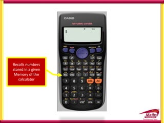 Recalls numbers
stored in a given
Memory of the
calculator
 