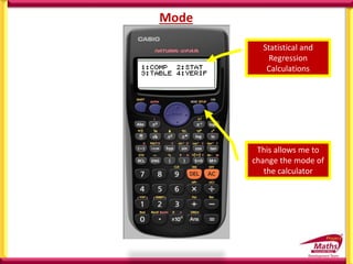 This allows me to
change the mode of
the calculator
Statistical and
Regression
Calculations
Mode
 