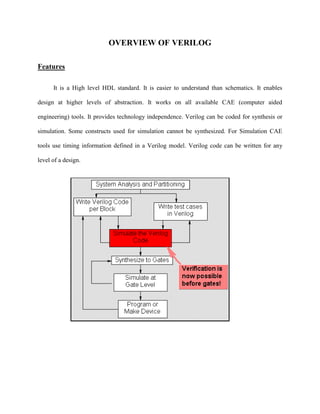 OVERVIEW OF VERILOG
Features
It is a High level HDL standard. It is easier to understand than schematics. It enables
design at higher levels of abstraction. It works on all available CAE (computer aided
engineering) tools. It provides technology independence. Verilog can be coded for synthesis or
simulation. Some constructs used for simulation cannot be synthesized. For Simulation CAE
tools use timing information defined in a Verilog model. Verilog code can be written for any
level of a design.
 