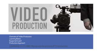 Overviewof VideoProduction
LearningBasics
Equipmentused
ProductionApproach
LEARNING OUTCOME: Recognize the process ofTV production
 