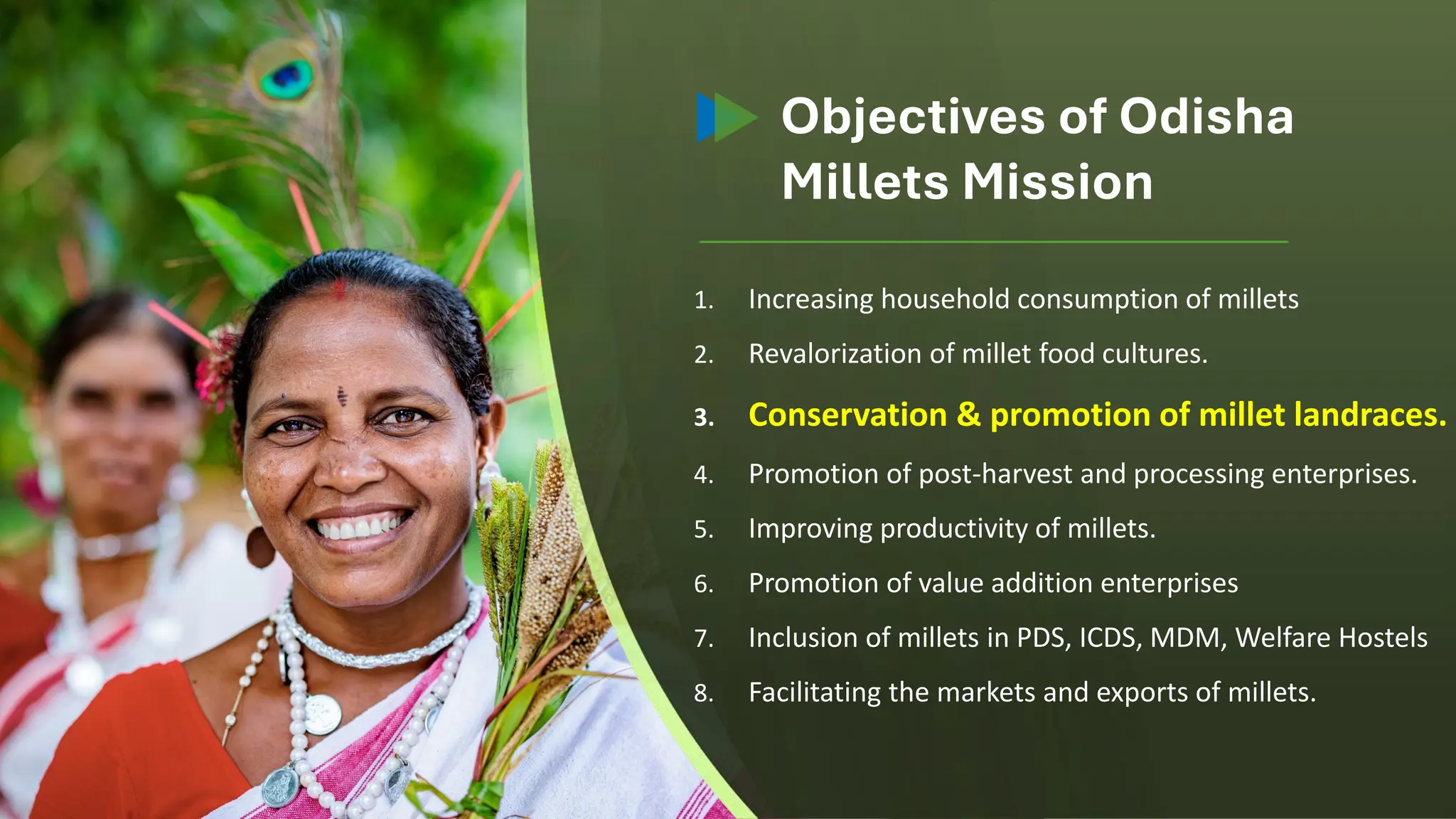 1. Increasing household consumption of millets
2. Revalorization of millet food cultures.
3. Conservation & promotion of millet landraces.
4. Promotion of post-harvest and processing enterprises.
5. Improving productivity of millets.
6. Promotion of value addition enterprises
7. Inclusion of millets in PDS, ICDS, MDM, Welfare Hostels
8. Facilitating the markets and exports of millets.
Objectives of Odisha
Millets Mission
 