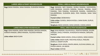 Ragi: BADA MANDIA, SANA MANDIA, DUSHERA MANDIA Ragi: BAGADA, BATI MANDIA, BURKA MANDIA, KANTAMERA,
HATA BHANGA, KHUNTA MANDIA, MAJHAL MANDIA, MAMI
MANDIA, TAYA MANDIA, MUSHKURI MANDIA, MARDIMOTA,
KALAKERENGA, DUSHERA BADI, PATA MANDIA, SANA TARA
MANDIA
Foxtail millet: DESIKANGU
Little millet: GUNDLI, BADA KHOSLA, SANA SUAN, GURUJI,
SANA KUIRI
Sorghum: BADA GANGEI, SANA GANGEI, KHEDA JANHA
LARGE AREA & FEW HOUSEHOLDS SMALL AREA & FEW HOUSEHOLDS
Ragi: KIMA MANDIA, BADA TARA MANDIA, BHODA MANDIA,
KARKATI MANDIA, SIRKA MANDIA, TELENGA MANDIA
Little millet: BADA SUAN
Ragi: KAJA MANDIA, KALAGUDULI, PENTHA MANDIA, KHUPA
MANDIA, DHELU MANDIA, KHADIGATHI MANDIA, SIMILIPAL
MANDIA
Foxtail millet: BADA KANGU, DHALA KANGU, SANA KANGU
Little millet: BADA KUIRI, MACHHILI KOSLA, MASURA
KOSHLA, KASAM JHUPA
Sorghum: KAUA JANHA, BHATA JANHA, KUCHHA JANHA, LAL
KHEDA JANHA, LIA JANHA
Pearl millet: KATHIA
LARGE AREA & MANY HOUSEHOLDS SMALL AREA & MANY HOUSEHOLDS
 