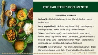 POPULAR RECIPES DOCUMENTED
SUNABEDA, NUAPADA
• Mahua(4) - Mahul lata ladoo, Ursula Mahul , Mahul chapna ,
Mahul poda
• Leafy vegetables(4) - kulhiar sag , Bahal bhaji , muninga sag -
Moringa leaves , Neem phula bhaji - Neem flowers.
• Tubers: keo Kanda sag(6) - keo kanda (insulin plant roots),
kochei kanda sag - kochei kanda ( taro roots ), pita kanda Sijha,
bhatudi kanda Sijha , kochei kanda Jhari Mach - kochei kanda,
Jimi Kanda sag - Jimi kanda ( elephant foot yam)
• Pulses(4) - Leher ghughuri - Red gram , kolatha ghughuri - black
Horsegram, bamni semi-Dali, Churchutia bhaji (cluster bean)
 