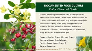 DOCUMENTED FOOD CULTURE
Edible Flower of Odisha
Flowers have long been celebrated not only for their
beauty but also for their culinary and medicinal uses. In
Odisha, various edible flowers play an important role in
traditional cooking, often being incorporated into
seasonal, festive, and cultural dishes. Below is an
exploration of flowers commonly used in Odia cuisine,
along with their associated recipes.
Flowers: Koichan flower, Moringa flower,
Kanchana flower, Rosella flower,
Pumkin flower, Neem Flower &
Banana flower etc.
 