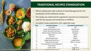 TRADITIONAL RECIPES STANDIZATION
• Official collaboration with Institute of Hotel Management for the
standization of the traditional recipes.
• The recipes are uniformed the ingredients required and cooking time
scale for the upscale and introduction at HORECA.
• Innovative recipe preparation with neglected crops.
Sl.No Innovative Recipes Associated Crops/Varieties
1 Yam Kabab Yam
2 Cheese Ball By Elephant Yam Elephant Yam
3 Chicken Stew With Jailo Beans Jailo Beans
4 Mexican Nachos With Bean Salsa Red Beans
5 Maka Dosa Maize
6 Corn Puri Maize
7 Mahula Kakara Pitha Mahua
8 Langala Kanda Kofta Curry Langalo Kanda
9 Mahula Coconut Jelly Mahua , Coconut
10
Yam Ring With Stir Fried Vegetable /
Tuber Mould
Yam
11 Jujube Cookies Jujube Berry
12 Jujube Berry Sweet Jelly Jujube Berry
 