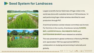 Largest scientific farmer field trials of finger millet in the
world was done with custodian farmers of 163 landraces. 14
well performing finger millet varieties identified for seed
production through PVT.
A technical landrace varietal release committee was formed.
For first time in the country, 4 landraces namely KUNDRA
BATI, LAXMIPUR KALIA, MALYABANTA MAMI and
GUPTESHWAR BHARATI were released as varieties.
This was presented in global conference in Rome by PPFVRA
and appreciated. FAO has approached DAFE for
collaboration on studying and promoting it nationally and
globally.
Seed System for Landraces
 