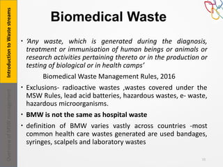 Biomedical Waste
 ‘Any waste, which is generated during the diagnosis,
treatment or immunisation of human beings or animals or
research activities pertaining thereto or in the production or
testing of biological or in health camps’
Biomedical Waste Management Rules, 2016
 Exclusions- radioactive wastes ,wastes covered under the
MSW Rules, lead acid batteries, hazardous wastes, e- waste,
hazardous microorganisms.
 BMW is not the same as hospital waste
 definition of BMW varies vastly across countries -most
common health care wastes generated are used bandages,
syringes, scalpels and laboratory wastes
11
IntroductiontoWastestreamsOverviewofMSWmanagement
 