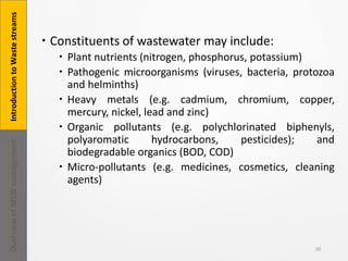  Constituents of wastewater may include:
 Plant nutrients (nitrogen, phosphorus, potassium)
 Pathogenic microorganisms (viruses, bacteria, protozoa
and helminths)
 Heavy metals (e.g. cadmium, chromium, copper,
mercury, nickel, lead and zinc)
 Organic pollutants (e.g. polychlorinated biphenyls,
polyaromatic hydrocarbons, pesticides); and
biodegradable organics (BOD, COD)
 Micro-pollutants (e.g. medicines, cosmetics, cleaning
agents)
20
IntroductiontoWastestreamsOverviewofMSWmanagement
 