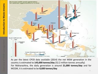 5
As per the latest CPCB data available (2014) the net MSW generation in the
country is estimated to 143,000 tonnes/day (52.2 million tonnes annually)
For Maharashtra, the daily generation is around 21,000 tonnes/day and for
MCGM, it is estimated to be 8,600 tonnes/day
IntroductiontoWastestreamsOverviewofMSWmanagement
 